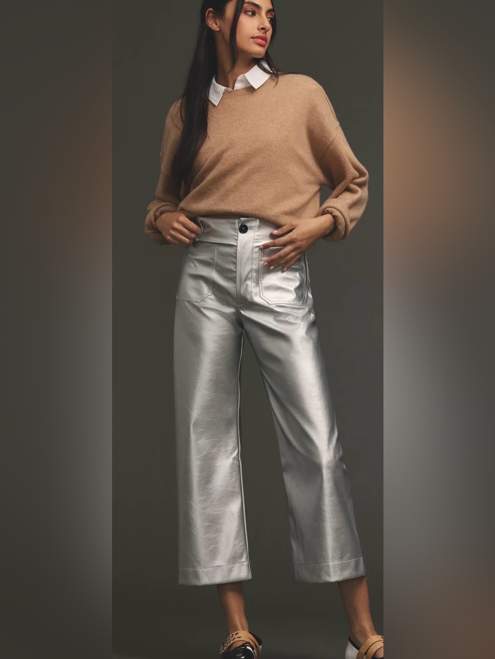 Maeve The Collette Faux Leather Wide Leg Cropped Pants Size 29 Silver
